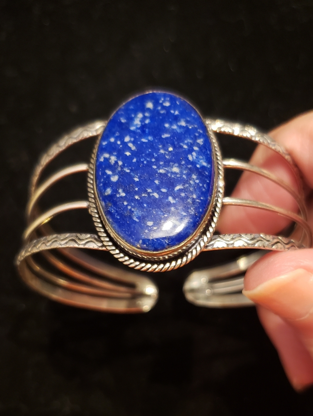 NEW Lapis Lazuli & 925 Stamped Silver Adjustable Cuff Bracelet. Boho Standout! - Picture 2 of 7